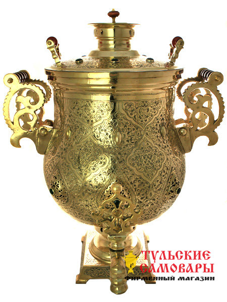 Латунный самовар на дровах 50 л с камнями фото 1 — Samovars.ru